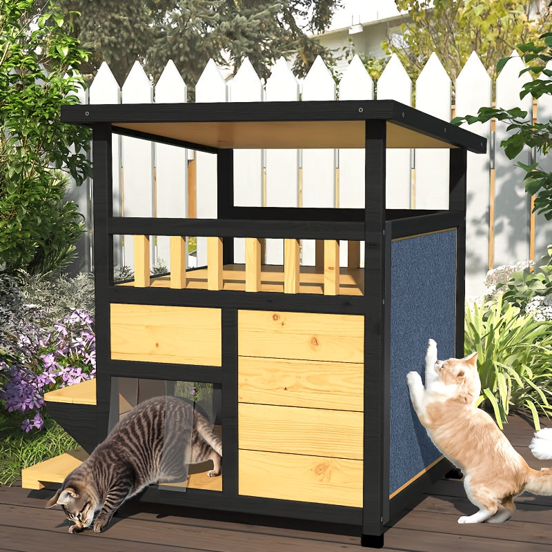 Two-Story Wooden Cat House in Yellow and Black, Indoor Pet Shelter and Apartment for Everyday Rest, Listed for Small and Medium Pets