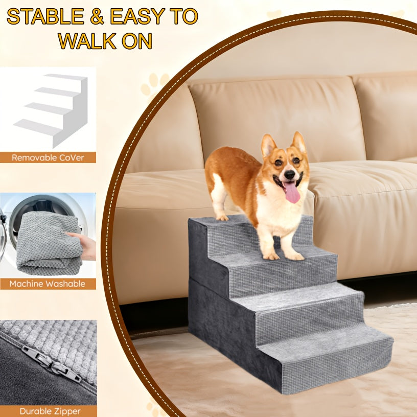 Dog Stairs with Non-Slip Steps, 4-Step Pet Ladder with Removable Washable Component for Small Dogs to Reach Suitable Beds, Couches and Sofas