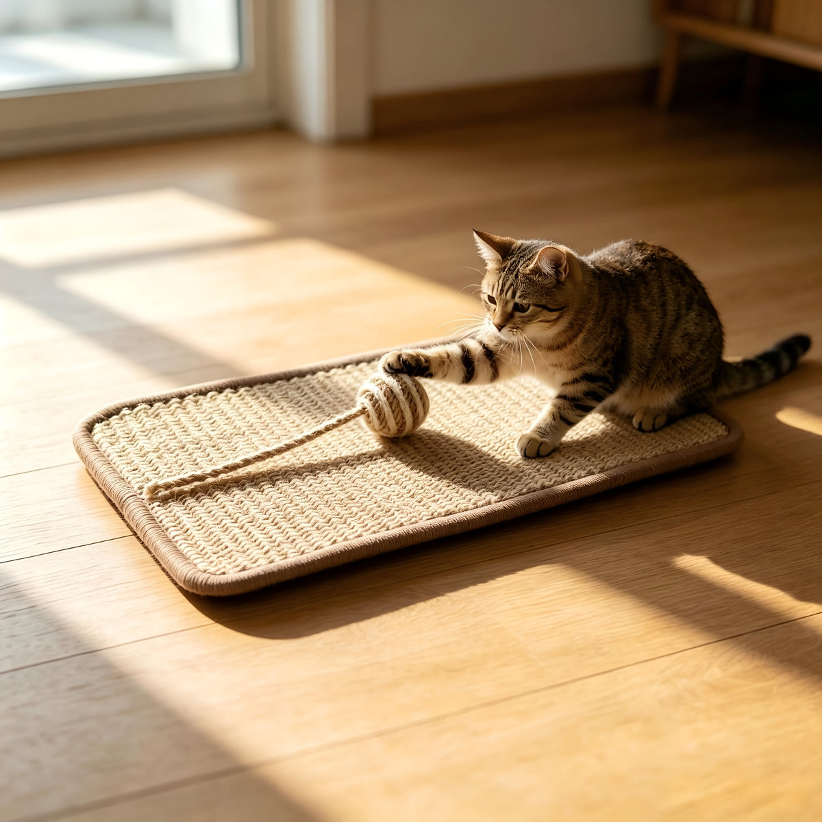 Sisal Cat Scratcher Pads with Hanging Ball, 2-Pack Self-Adhesive Scratching Surfaces for Indoor Cats, Sofa Corners and TV Cabinet Areas