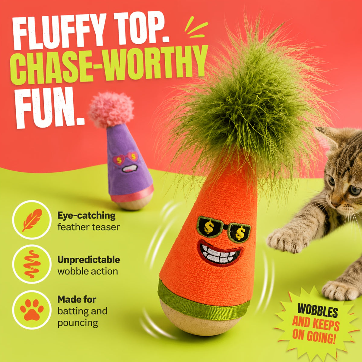 Cat Wobble Feather Toy with Cat Mint Powder, Interactive Hunting and Chasing Teaser for Indoor Kittens and Adult Cats, Purple or Red Styles