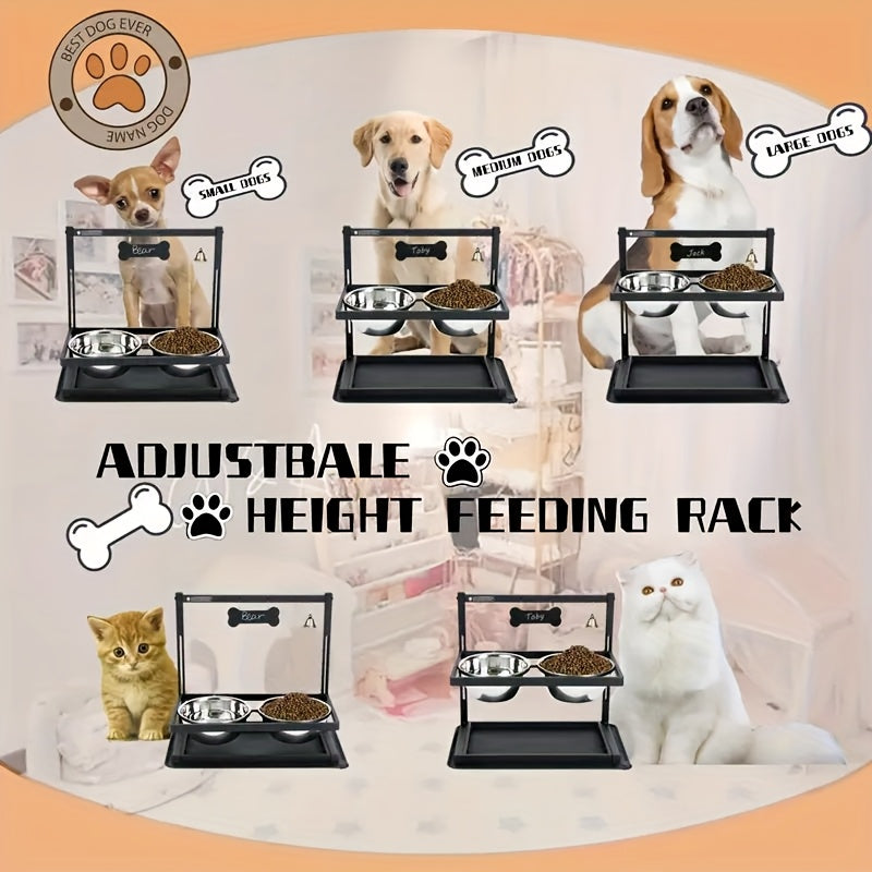 Adjustable Elevated Dog Bowl Stand for Small and Medium Dogs, Black Metal Raised Feeding Station with Two Stainless Steel Food and Water Bowls