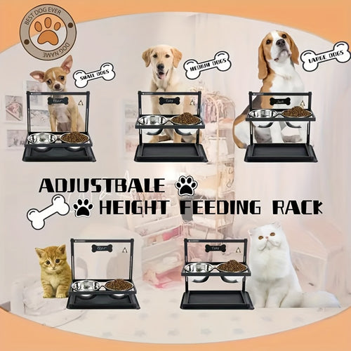 Adjustable Elevated Dog Bowl Stand for Small and Medium Dogs, Black Metal Raised Feeding Station with Two Stainless Steel Food and Water Bowls