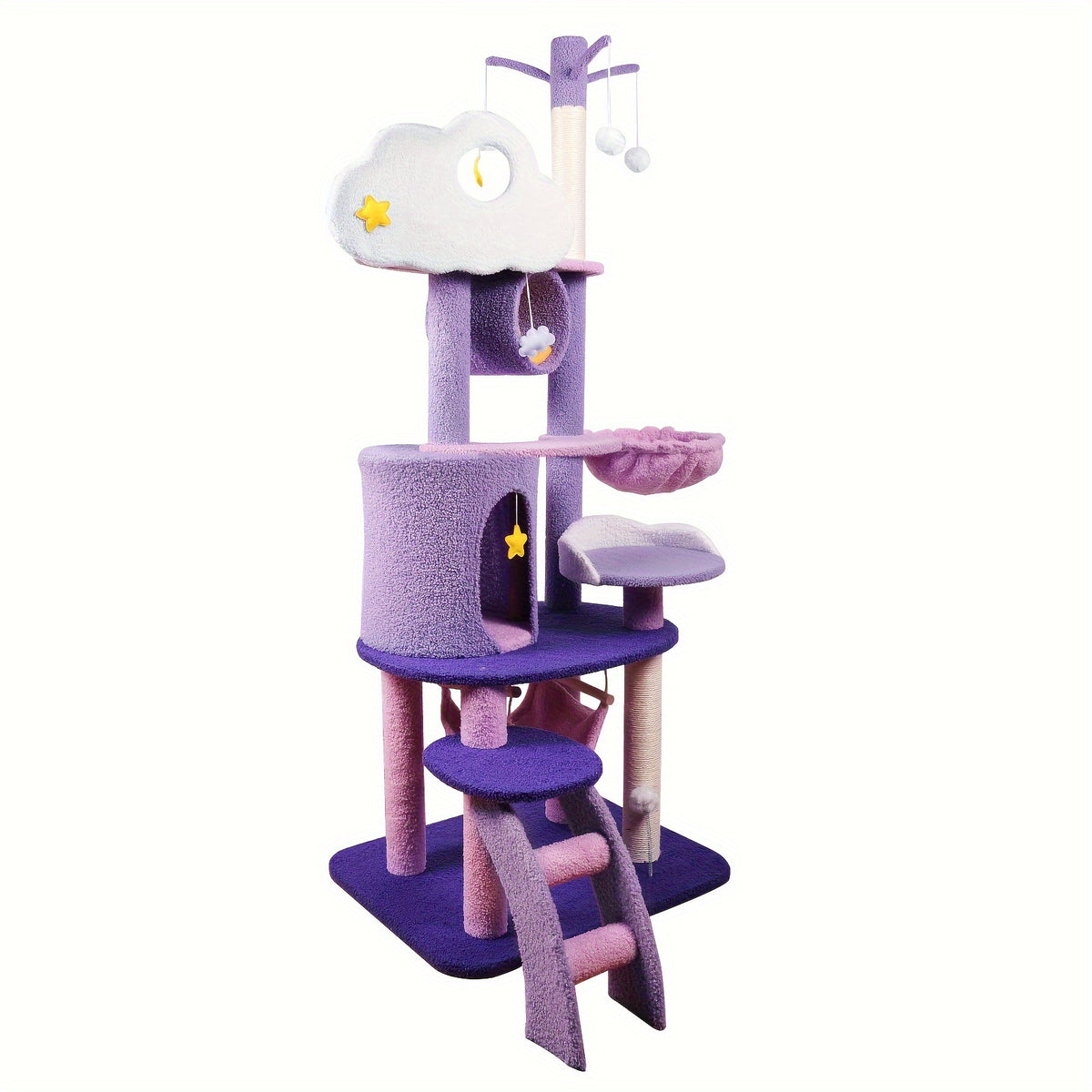 Moon and Star Cat Tree, 65 Inch Purple and Pink Indoor Cat Tower with Hammock, Condo, Sisal Scratching Post and Ladder for Climbing and Rest
