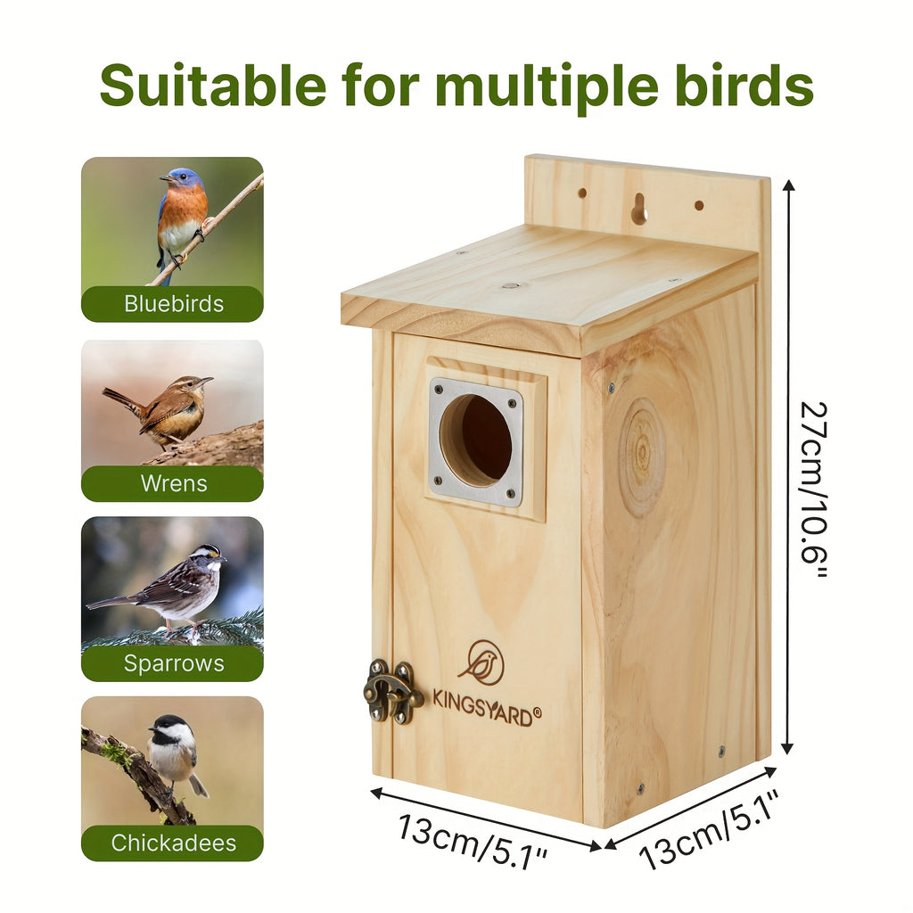 Cedar Bird House for Outside with Stainless Steel Guard, Wood Color Nesting Box for Backyard Gardens, Outdoor Decor and Bird Lover Gifts