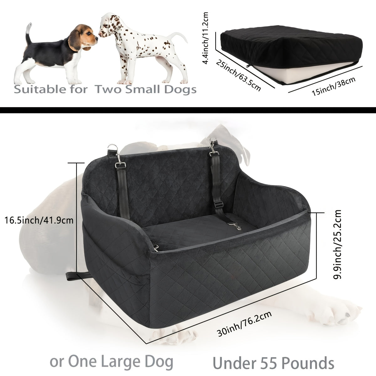 Dog Car Seat with Seat Belt Pass-Through, Memory Foam Pet Travel Bed with Removable Washable Design and Adjustable Straps in Medium and Large Options