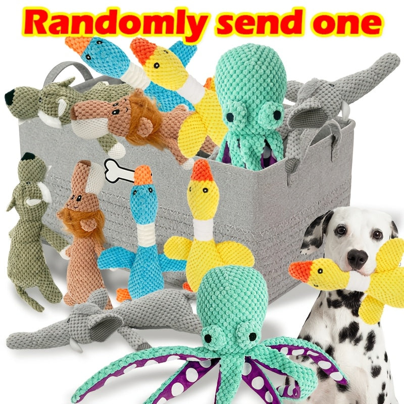 Random Animal Plush Dog Toy, One Squeaky Textured Companion for Supervised Gentle Play, Assorted Octopus, Goose, Wolf, Lion or Elephant Style