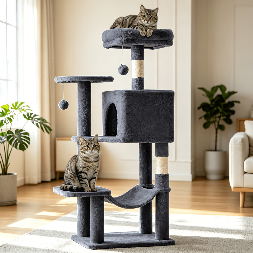 Cat Climbing Tower 44 Inch Multi-Level, Cat Activity Tree with Large Hammock, Enclosed Condo, Top Perch, Natural Sisal Scratch Posts and 2 Hanging Ball Toys for Multiple Cats