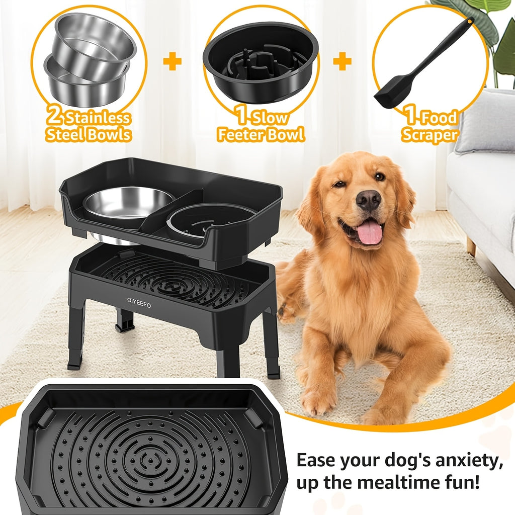 Splash Guard Elevated Dog Bowls with Four Adjustable Heights, Two 53oz Stainless Steel Bowls and Non-Slip Feet for Everyday Food and Water