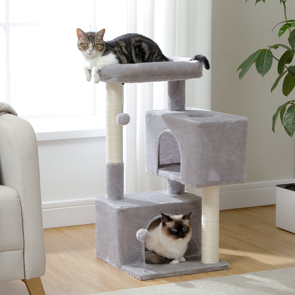 Cat Tree with Two Spacious Condos, 31.5 or 44 Inch Indoor Cat Tower with Washable Top Perch, 3.4 Inch Thick Scratching Posts and Two Play Toys