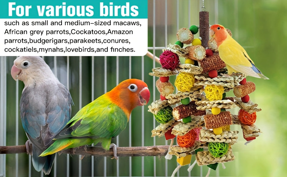 Bird Chew Toys with Natural Corn Cobs, Wooden Blocks and Rattan Balls for Parrot Enrichment, Supervised Cage and Aviary Play, 400g Option