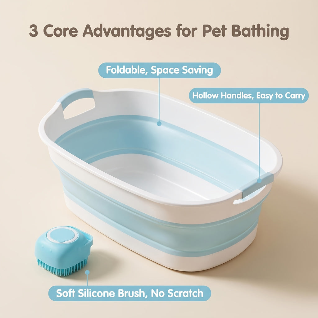 Foldable Dog Bathtub with Drain Plug and Shampoo Dispensing Bath Brush, Portable 21.65-Inch Pet Wash Basin for Small and Medium Pets