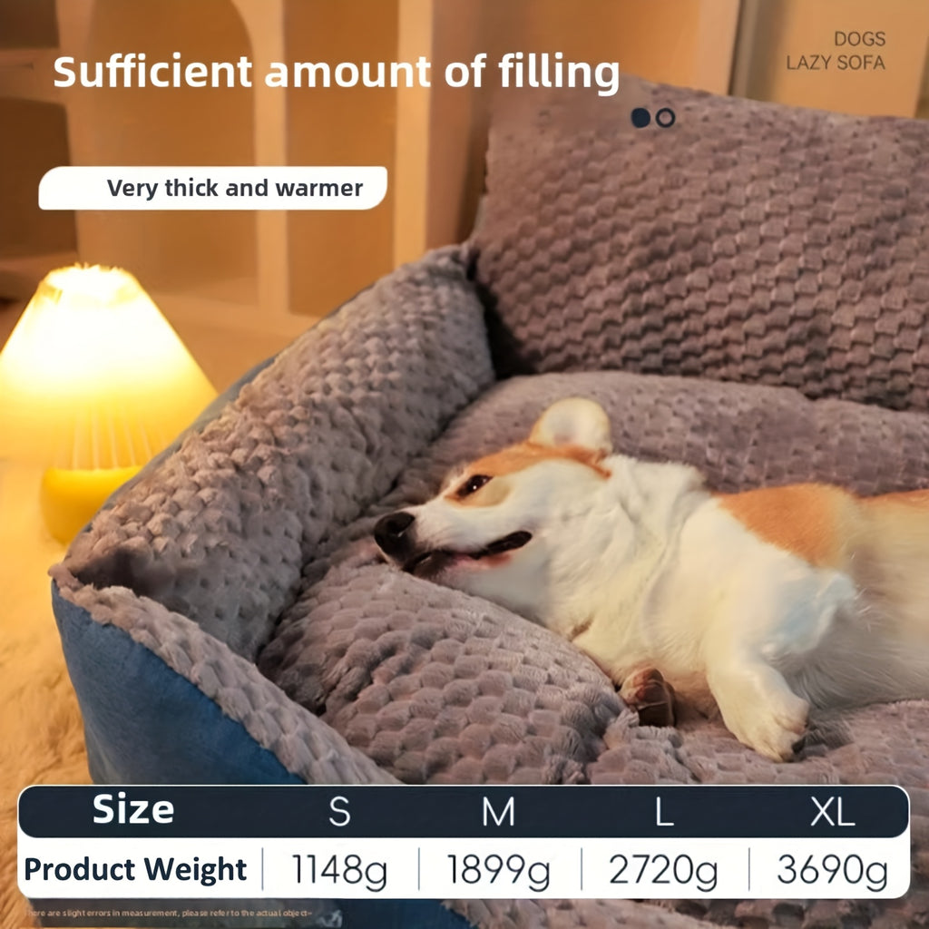 High Back Dog Sofa Bed with Plush Textured Cushion, Blue and Gray Bolster Pet Couch in Four Sizes for Small to Large Dogs and Cozy Indoor Rest