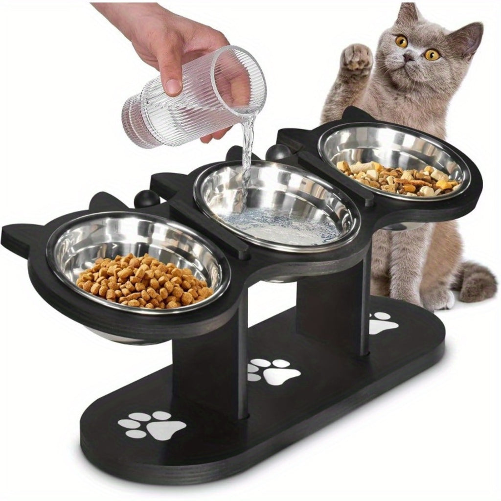 Double Cat Bowl Stand with Two Stainless Steel Dishes, 15 Degree Tilted Adjustable Black Wooden Feeder for Cat and Small Dog Food and Water
