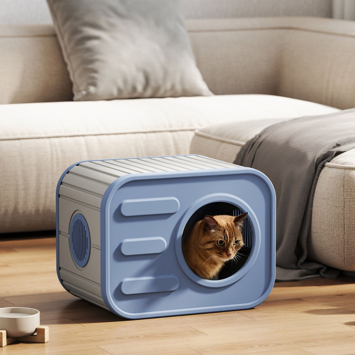 Camera-Shaped Cat House with Side Ventilation, Washable Cat Hideaway in Blue or Black for Indoor and Sheltered Outdoor Use, Optional Cushion