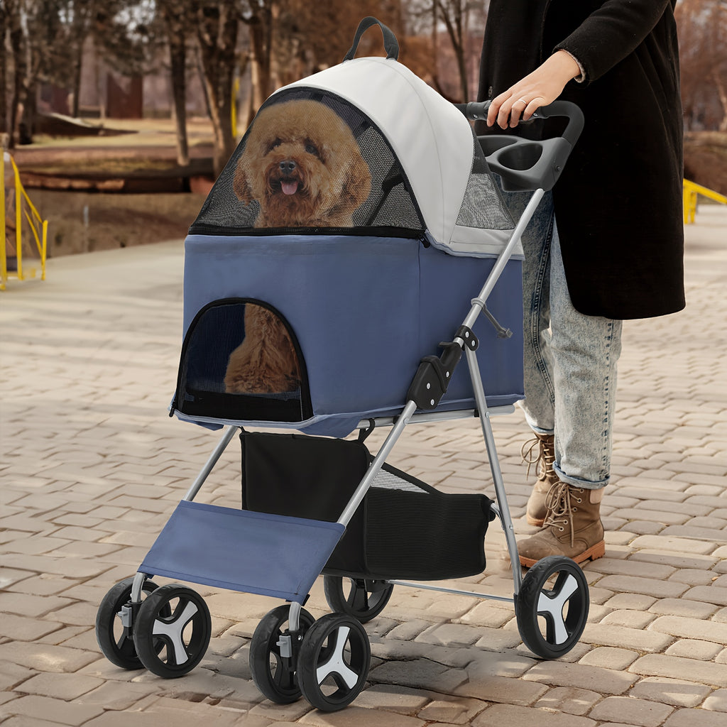 Dog Stroller for Pets up to 33 lbs, 3-in-1 Foldable Pushchair with Detachable Carrier, Car Seat Mode, Push-Button Entry and Mesh Canopy