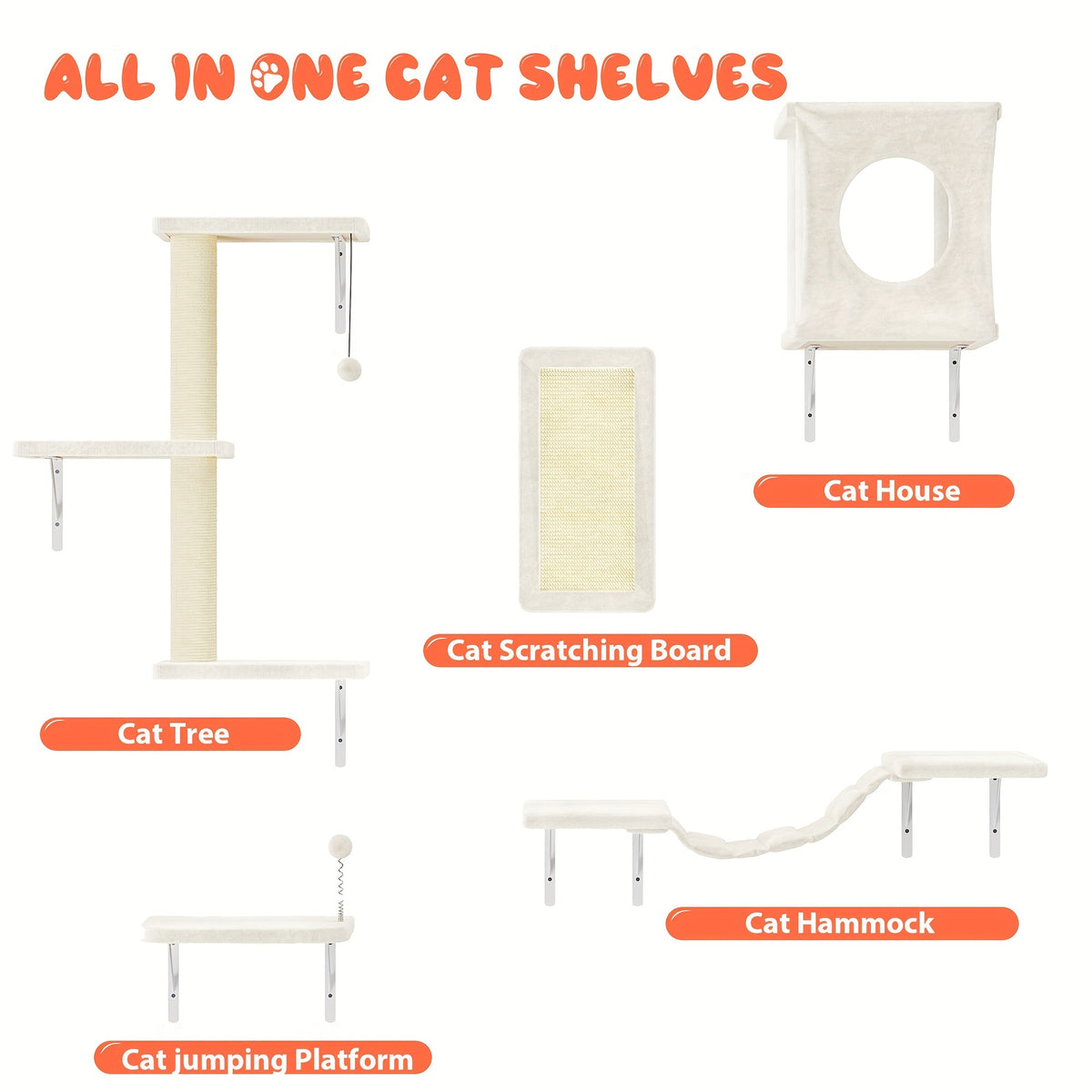 5-Piece Cat Wall Shelves Set with House, Bridge Hammock, Scratching Post and Pad, Wall-Mounted Indoor Climbing Furniture in Grey or Beige