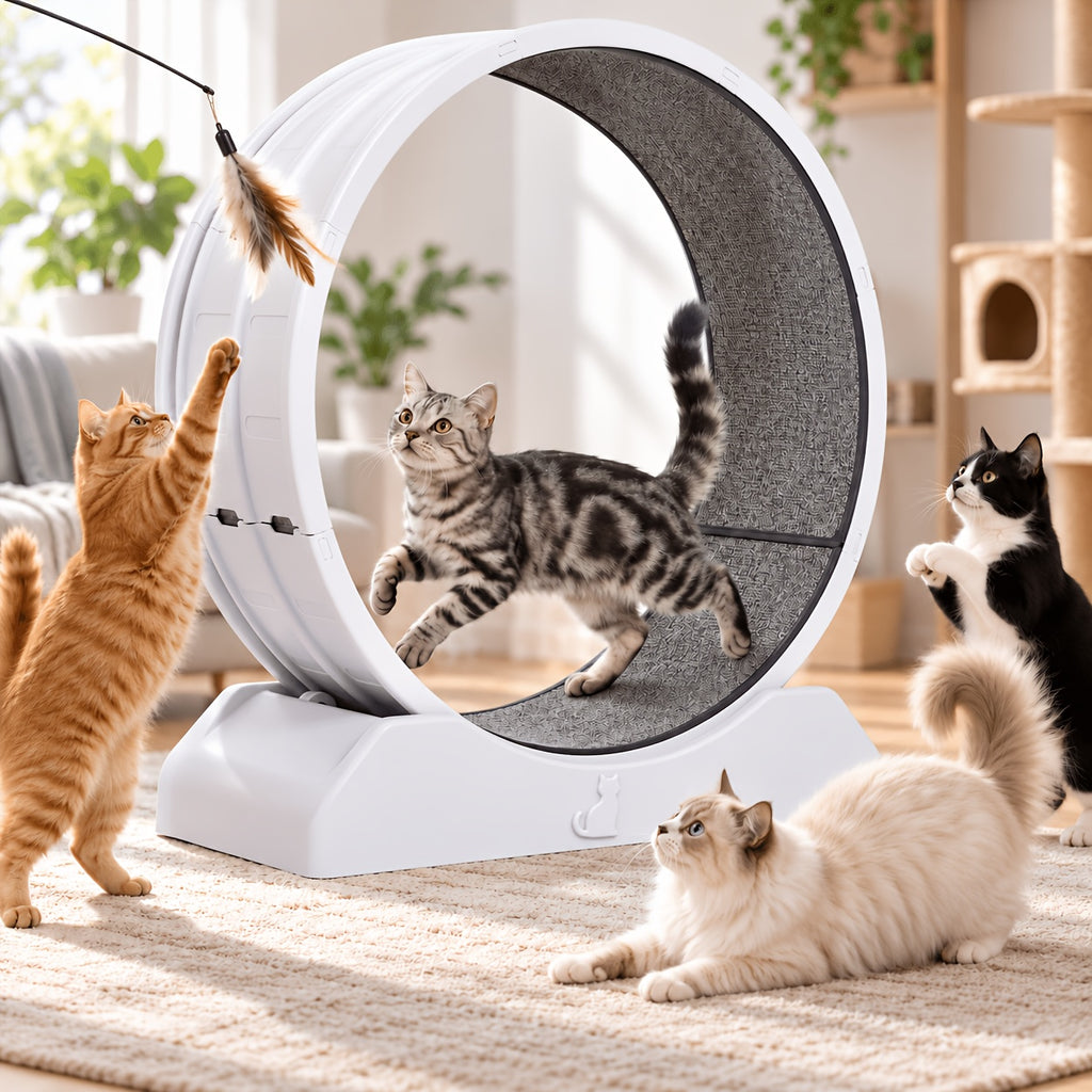 33 Inch Cat Exercise Wheel with Carpeted Runway, Plastic Indoor Cat Treadmill for Supervised Activity, Includes Whistle in Grey, Blue or Green