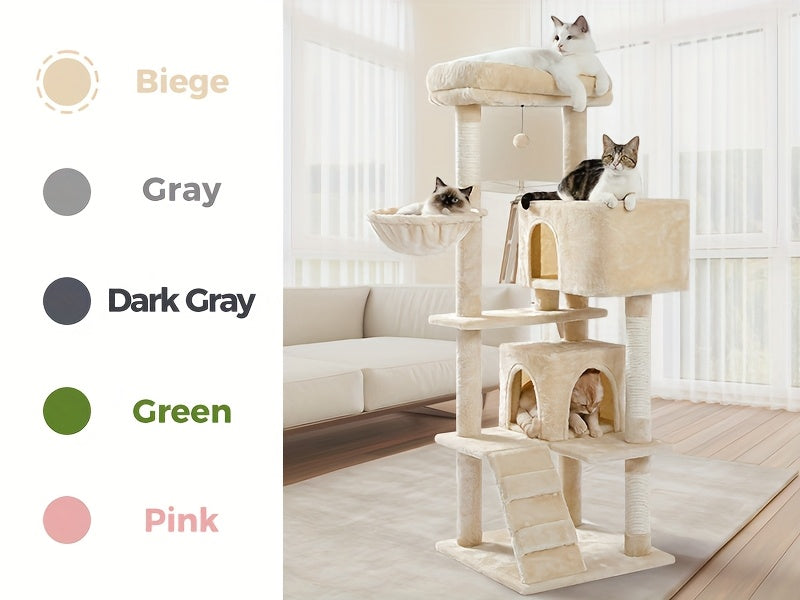 Cat Tree with Oversized Top Perch, 56.3 Inch Multi-Level Indoor Cat Tower with Hammock, Two Condo Hideaways and Scratching Posts, Five Colors