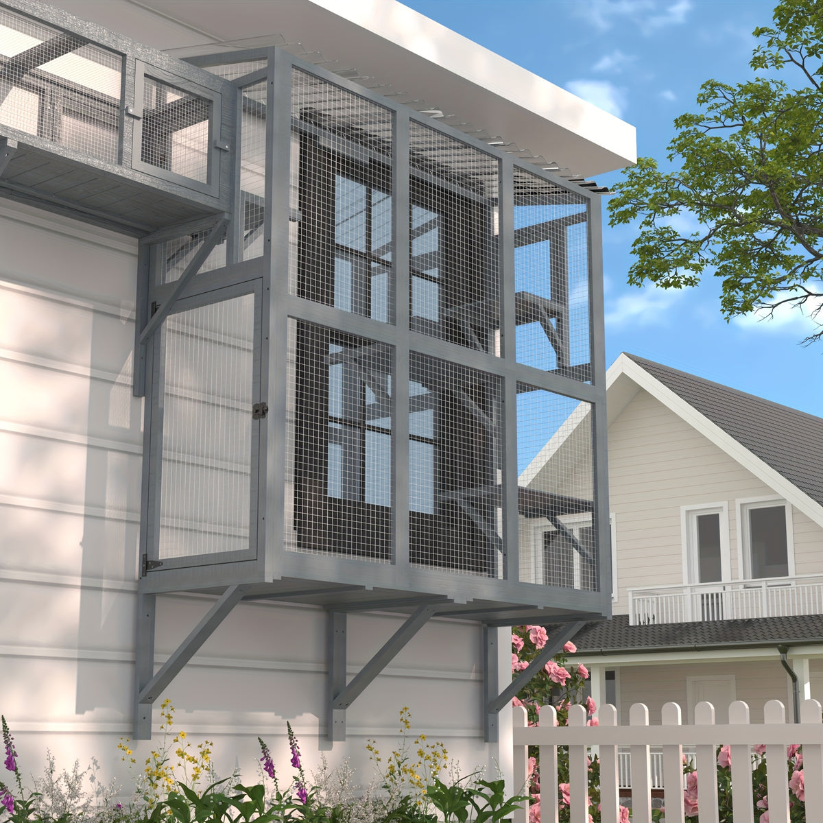 Window Catio for Indoor Cats, Wooden Wall-Mounted Cat Window Box with 4 Platforms and 3 Doors for Sunbathing, Play and Tunnel Connection