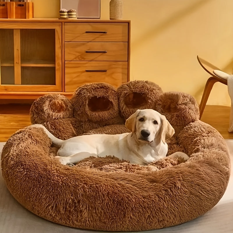 Bear Paw Pet Sofa Bed for Dogs and Cats, Soft Faux Plush Sleeping Nest with Raised Edges in Pink, Grey or Hazelnut, Four Sizes from 55 to 85 cm