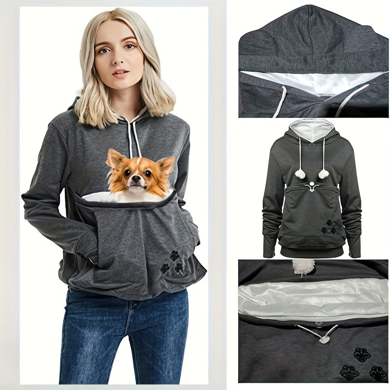 Pet Carrier Hoodie with Kangaroo Pouch for Cats and Small Dogs, Unisex Light Grey Sweatshirt with Removable Washable Liner, Ears and Paw Print Design