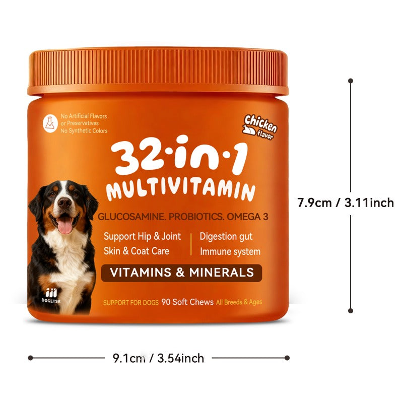 Dog Multivitamin Soft Chews 90 Count per Can, Chicken Flavor 32-in-1 Formula with Omega-3, Probiotics and Glucosamine, One or Two Can Options