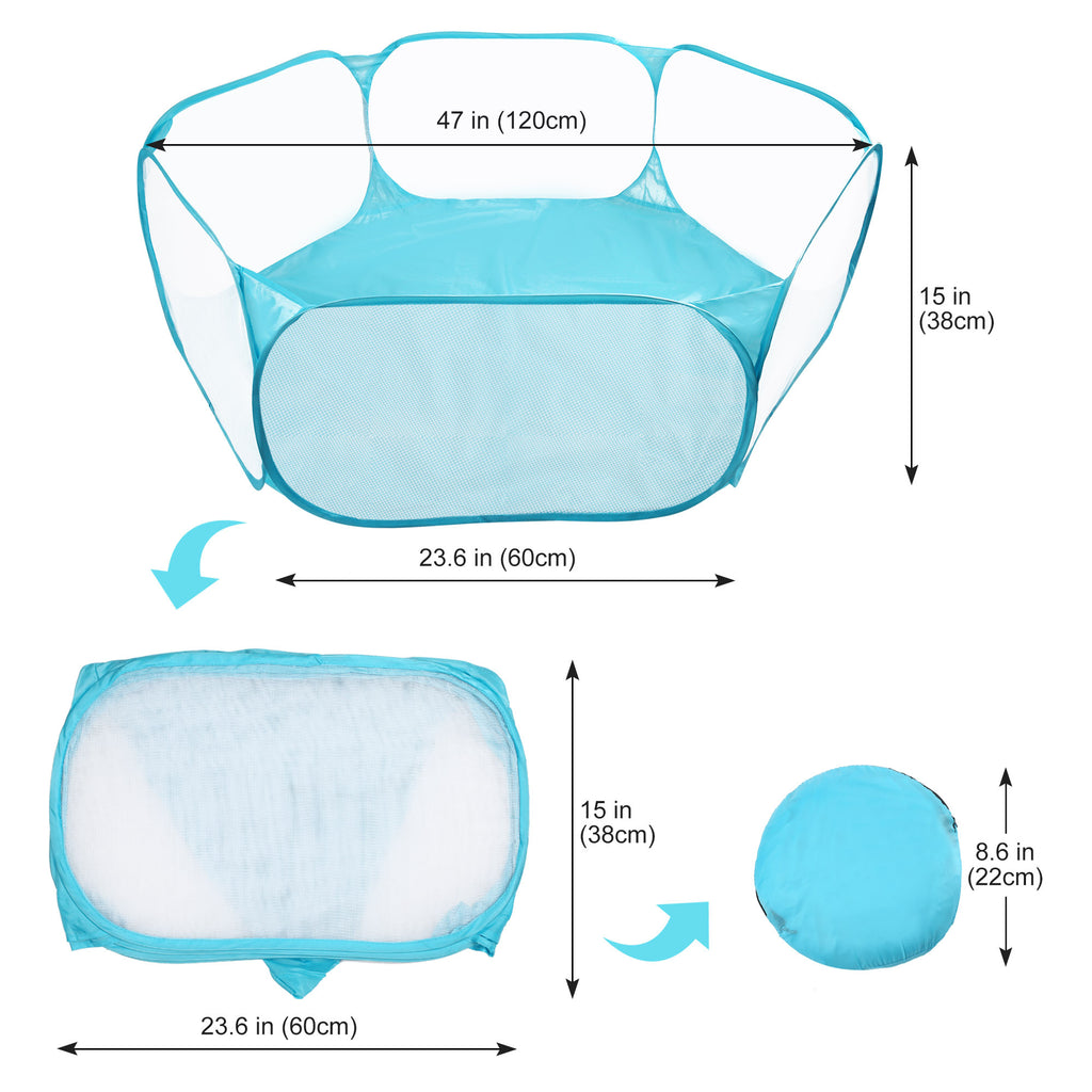 Pop Up Small Animal Playpen with Open Top Mesh Sides and Waterproof Bottom, Blue Foldable Exercise Pen for Supervised Hamster and Guinea Pig Play