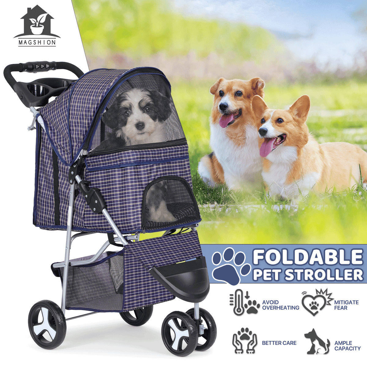 Pet Stroller with Storage Basket and Cup Holder, Magshion Three-Wheel Foldable Pushchair for Small and Medium Dogs and Cats, 14 Color and Pattern Options