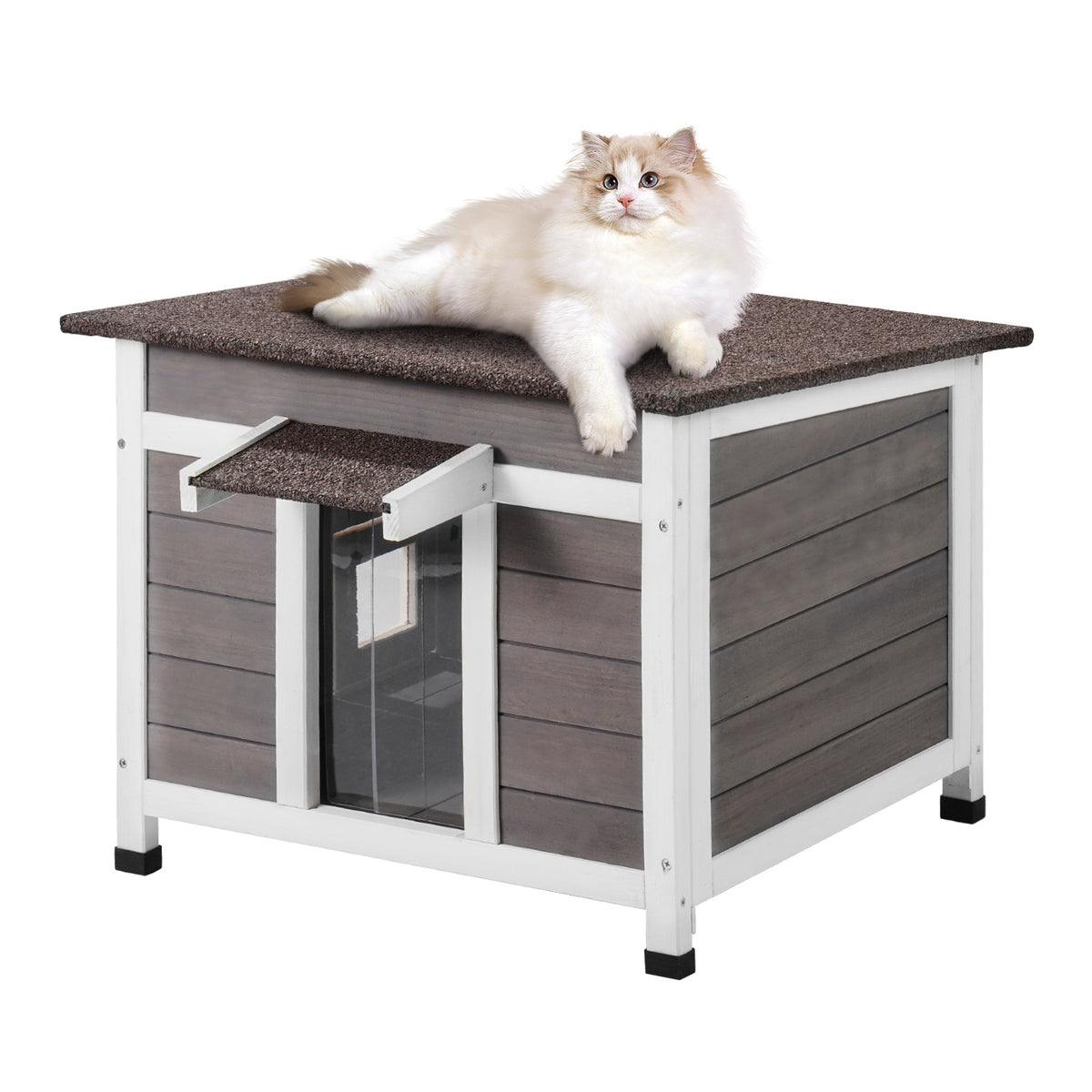 Fir Wood Outdoor Cat House with Asphalt Roof, Acrylic Window and Removable PVC Door Flaps, 20 or 24 Inch Feral Cat Shelter with Cleaning Access