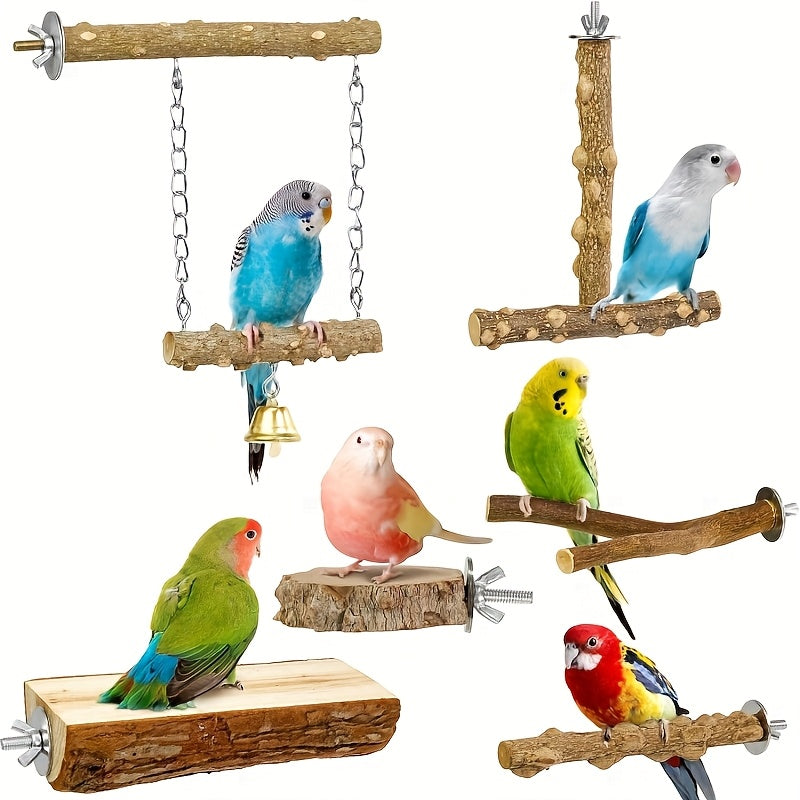 Parrot Perch Set 6 Pieces in Sichuan Pepper Wood, Bird Swing and T-Shaped Platform Combination for Supervised Perching and Cage Exploration