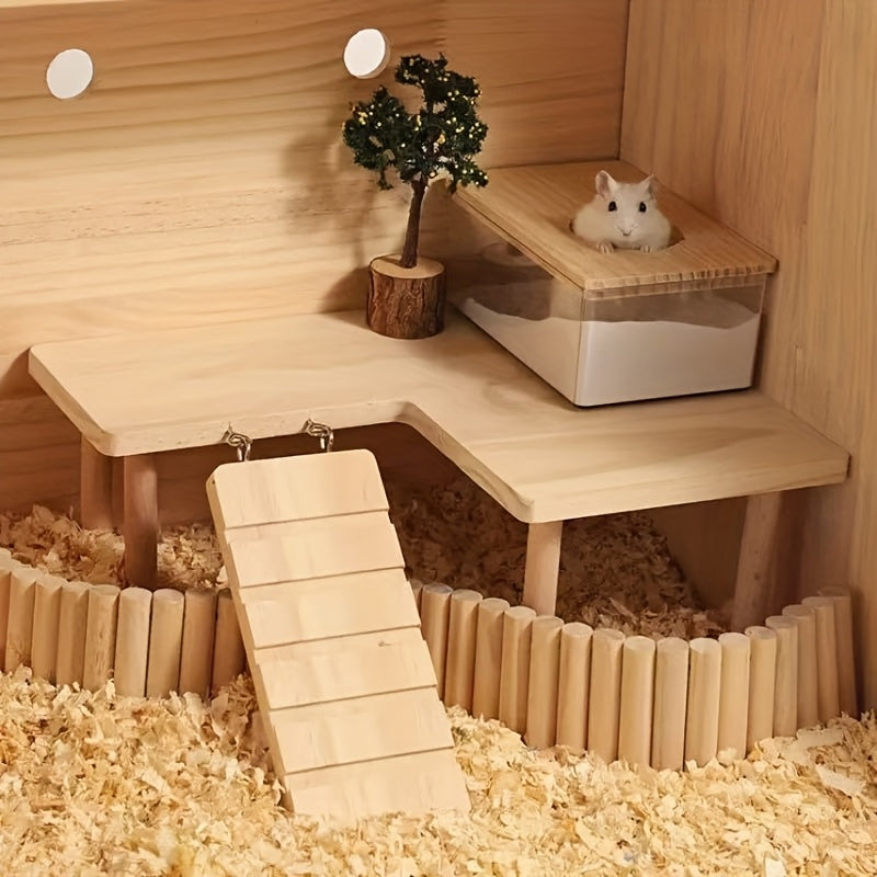Hamster Climbing Platform with Ladder, Wooden Raised Cage Shelf and Underneath Hideaway Space for Golden Hamster Habitat Enrichment
