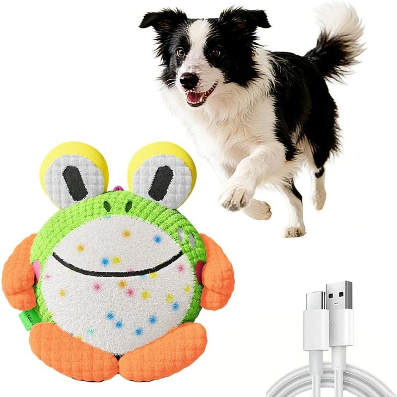 Moving Plush Dog Toy with Sound, USB Rechargeable Bouncing Pet Play Toy with Removable Washable Cover, Frog, Dolphin or Panda for Supervised Indoor Play