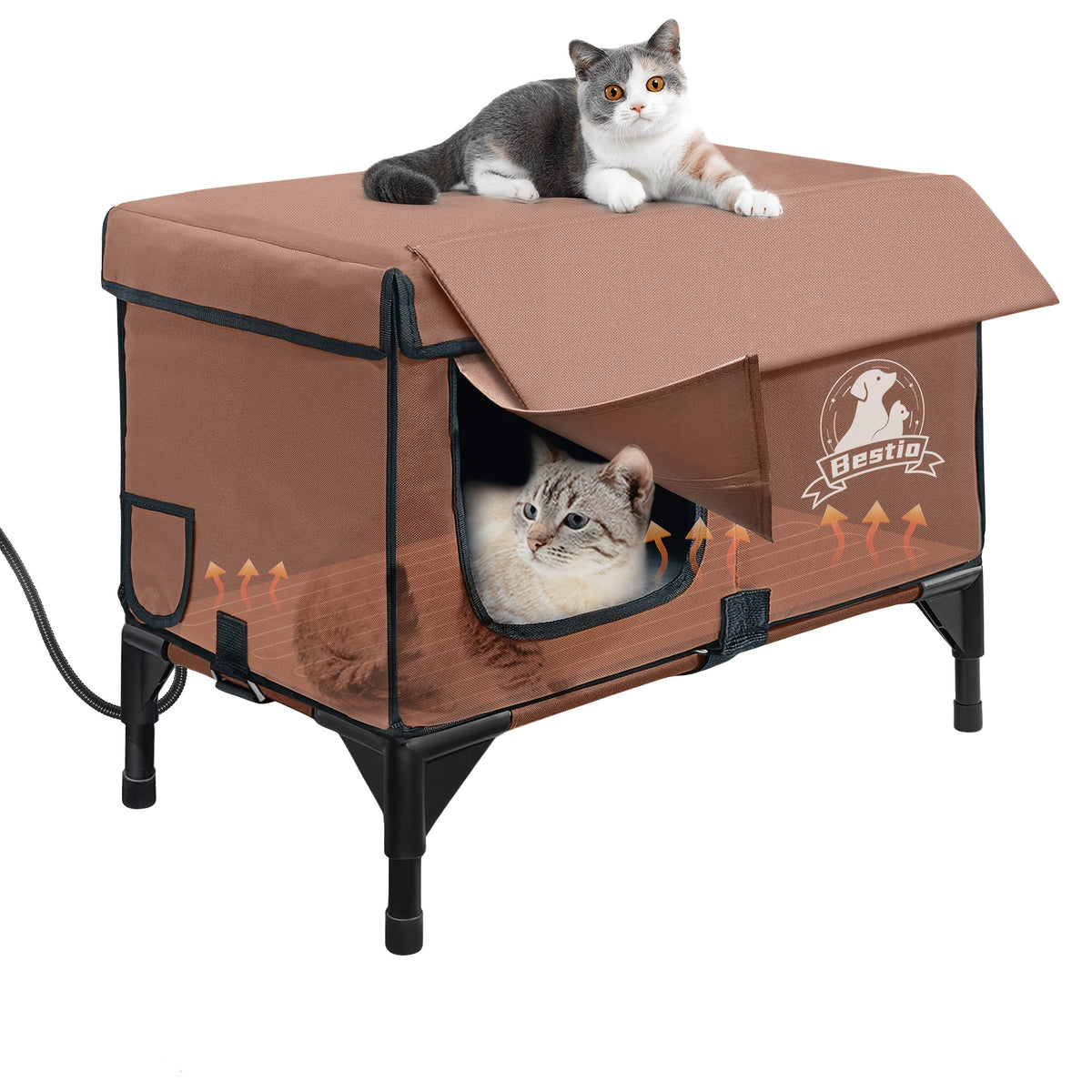 3-in-1 Heated Cat House with Detachable Heating Pad and Elevated Bed, Dual-Entry Cat Shelter in Brown, Camouflage and Roof Style Options