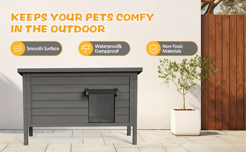 Wooden Outdoor Cat House with Six-Side Foam Insulation, Raised Floor and Feeding Station, 34.4 x 21.7 x 27.2 Inch Feral Cat Shelter in Grey or Coffee