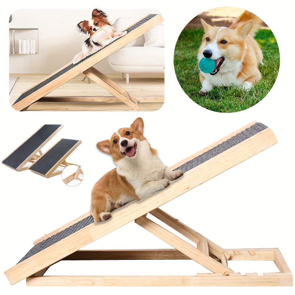 Adjustable Wooden Dog Ramp for Couch and Bed Access, Folding Pet Ramp with Textured Walking Surface for Dogs and Cats, S and L Options
