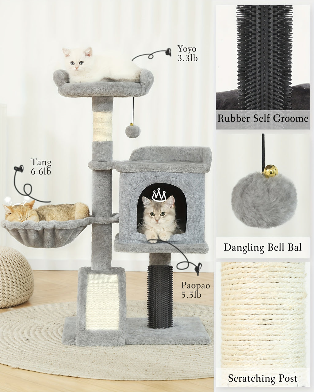 Cat Tree 36.6 Inch with Hammock and Plush Perch, Multi-Level Indoor Cat Climbing Tower with Sisal Scratching Post in Gray or Dark Gray