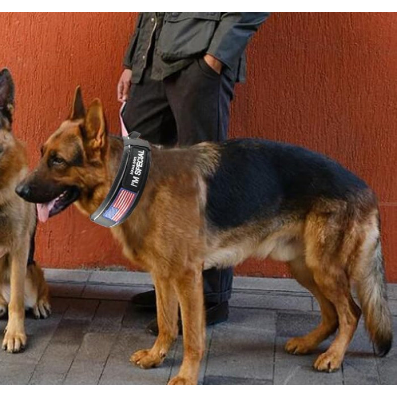 Tactical Dog Collar 2.6 Inch Wide with Padded Control Handle, Reflective Adjustable Nylon and Mesh Collar with Metal Buckle and 2 Patches, M L XL