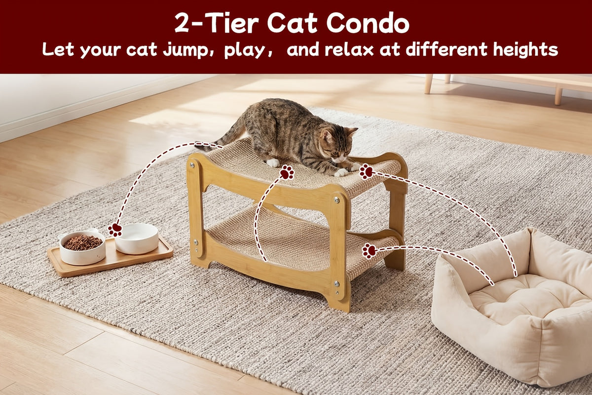 Cat Bunk Bed with Sisal Scratching Surfaces, Wooden Double-Decker Indoor Cat Lounger with Two Open Resting Levels, Large Size