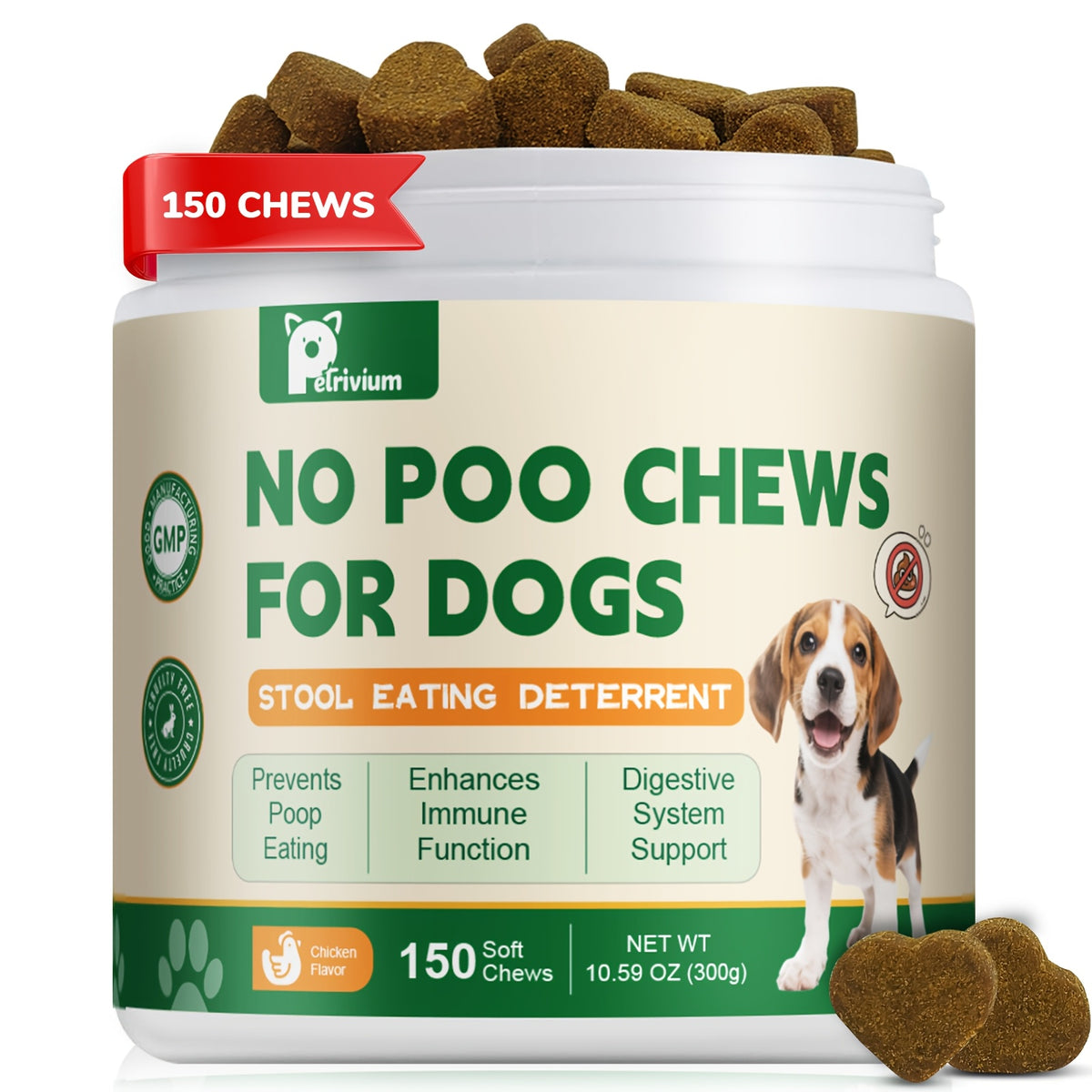 No Poo Chews for Dogs, 150-Count Coprophagia Deterrent Supplement with Probiotics, Digestive Enzymes and Pumpkin Powder, 300g