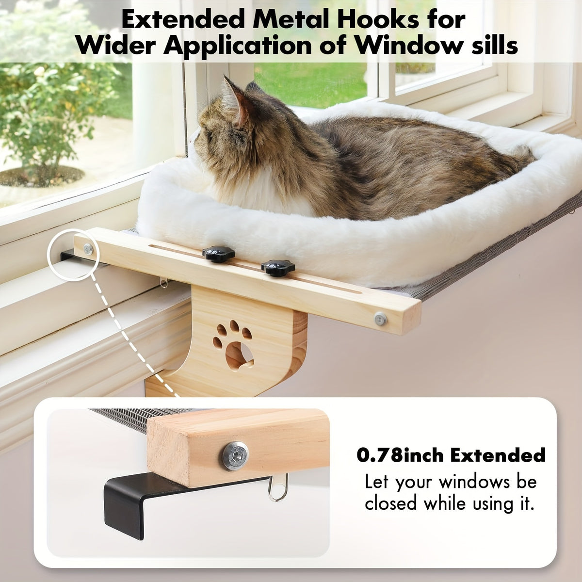 Wood Frame Cat Window Perch, Adjustable Hanging Indoor Cat Bed for Compatible Windowsills, Bedsides, Drawers and Shelves, Space-Saving Lounging Spot