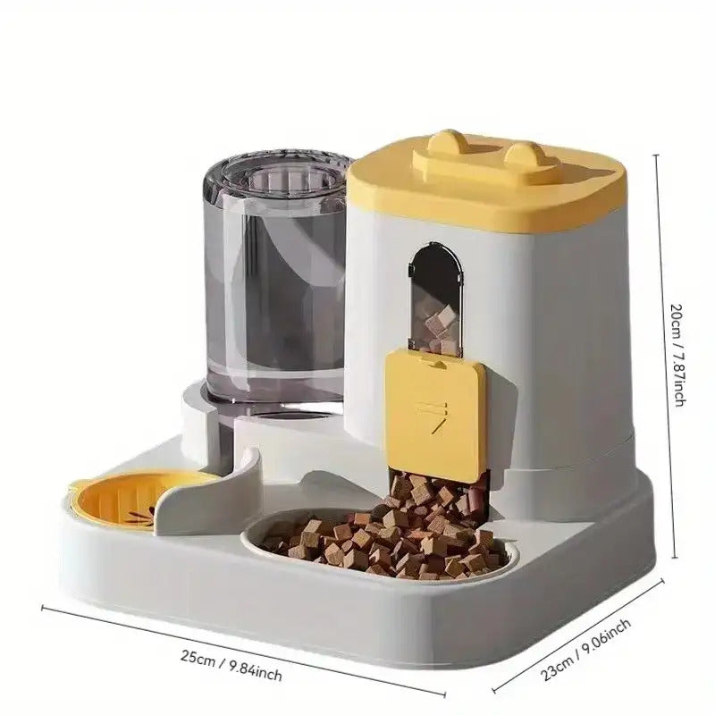 Pet Feeder and Water Dispenser Combo with Cat-Ear Lid, Visible Dry Food Window and Siphon Water Bottle for Cats and Small Dogs, Three Color Options