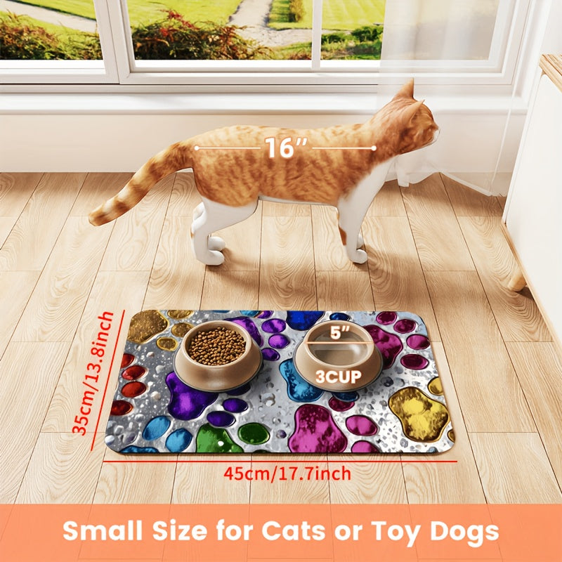 Absorbent Pet Feeding Mat with Colorful Paw Pattern, Quick-Drying Non-Slip Food and Water Bowl Pad for Dogs, Cats and Multi-Pet Homes