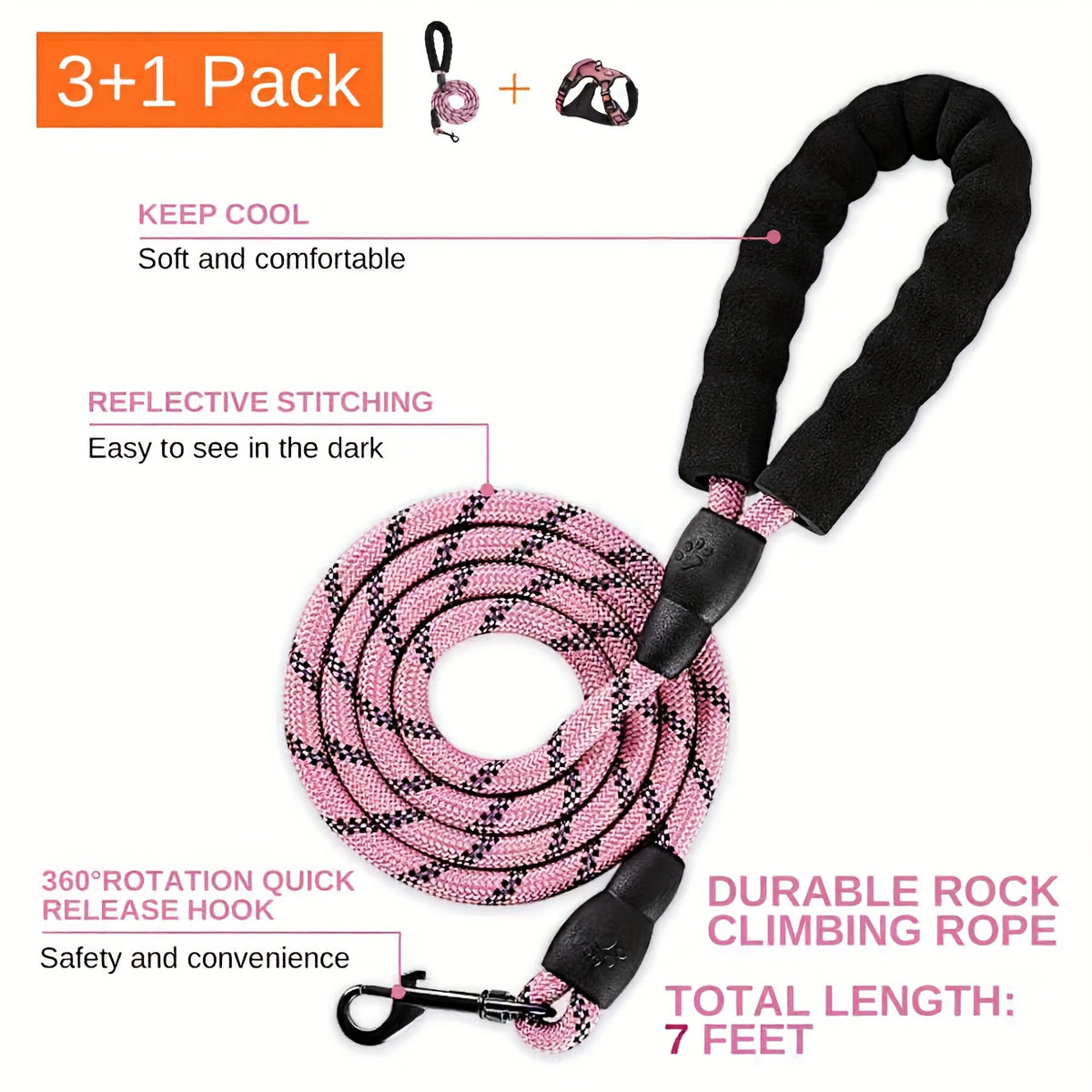 No Pull Dog Harness Set with Three-Buckle Open-Neck Design, Reflective Adjustable Vest, Padded Handle, Leash and Seat Belt, XS-XL
