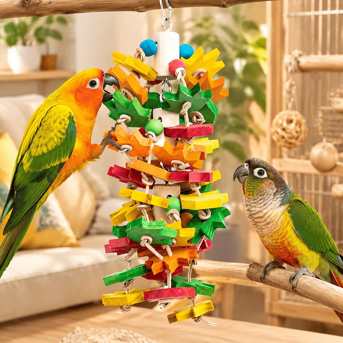 Parrot Toys with Colorful Wood Chew Designs, 12 Selectable Bird Cage Accessory Styles Including Apple, Banana, Coconut and Block Options for Enrichment