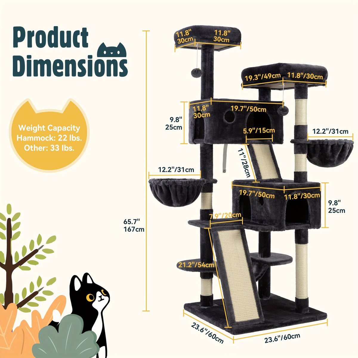 65 Inch Cat Tree Tower for Indoor Cats, Multi-Level Plush Cat Condo with Basket Beds, Hammock, Sisal Scratching Posts and Wide Base, Six Color Options