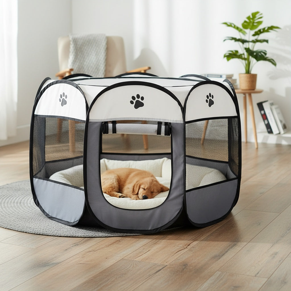 Pet Travel Playpen with Mesh Windows and Zipper Door, Foldable Octagonal Oxford Cloth Tent for Dogs and Cats, Beige Gray or Blue Size Options