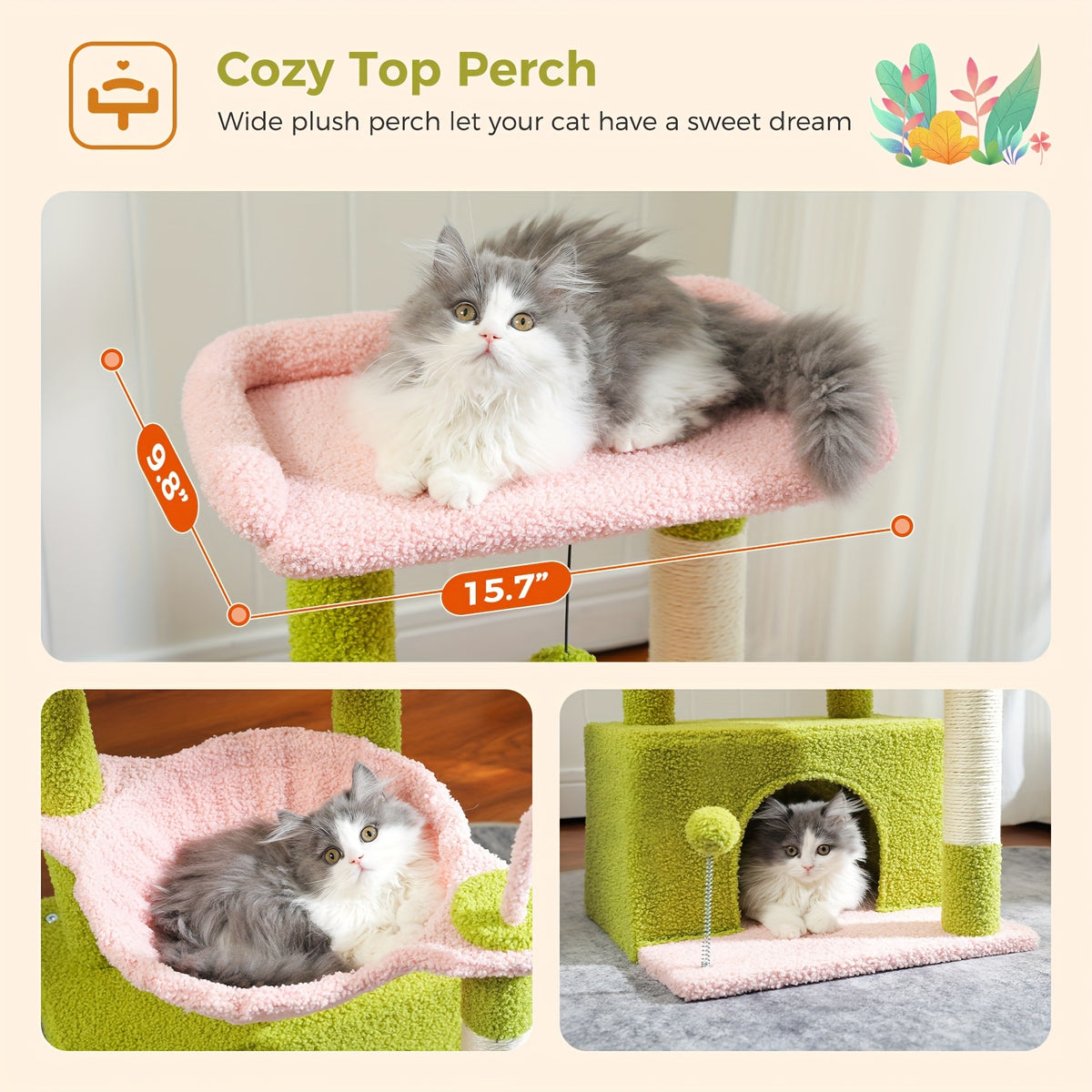 Cat Tower with Deep Hammock and Top Perch, 4-in-1 Indoor Cat Tree Listing with Condo and Scratching Post, Color and Size-Labeled Model Options