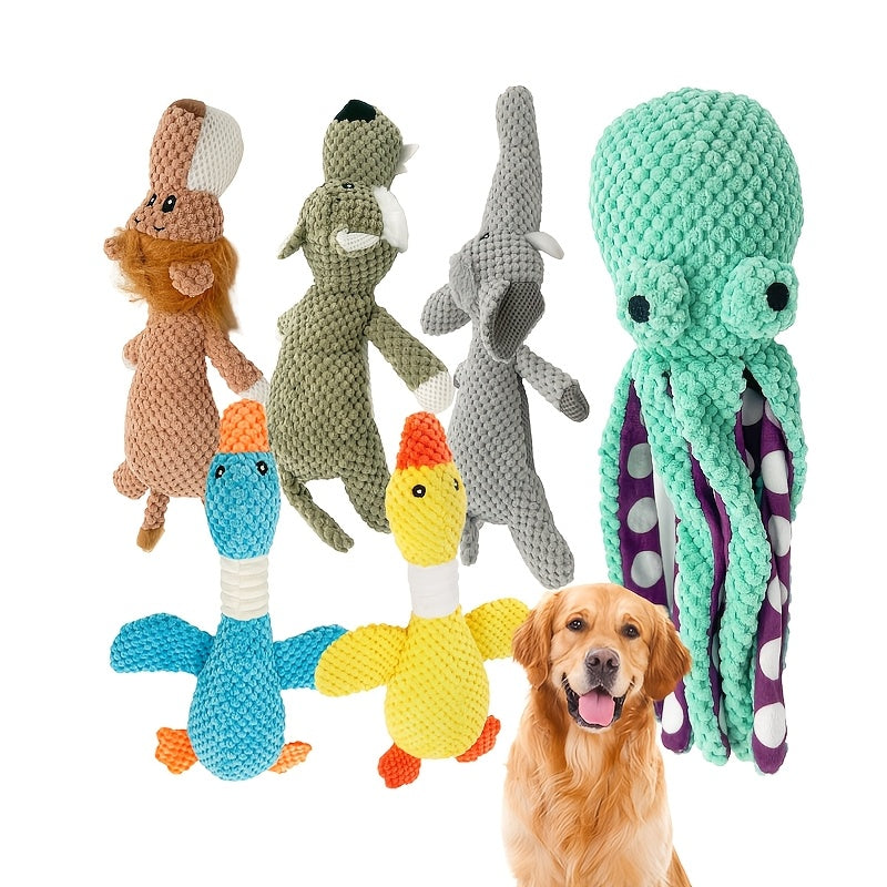 Random Animal Plush Dog Toy, One Squeaky Textured Companion for Supervised Gentle Play, Assorted Octopus, Goose, Wolf, Lion or Elephant Style