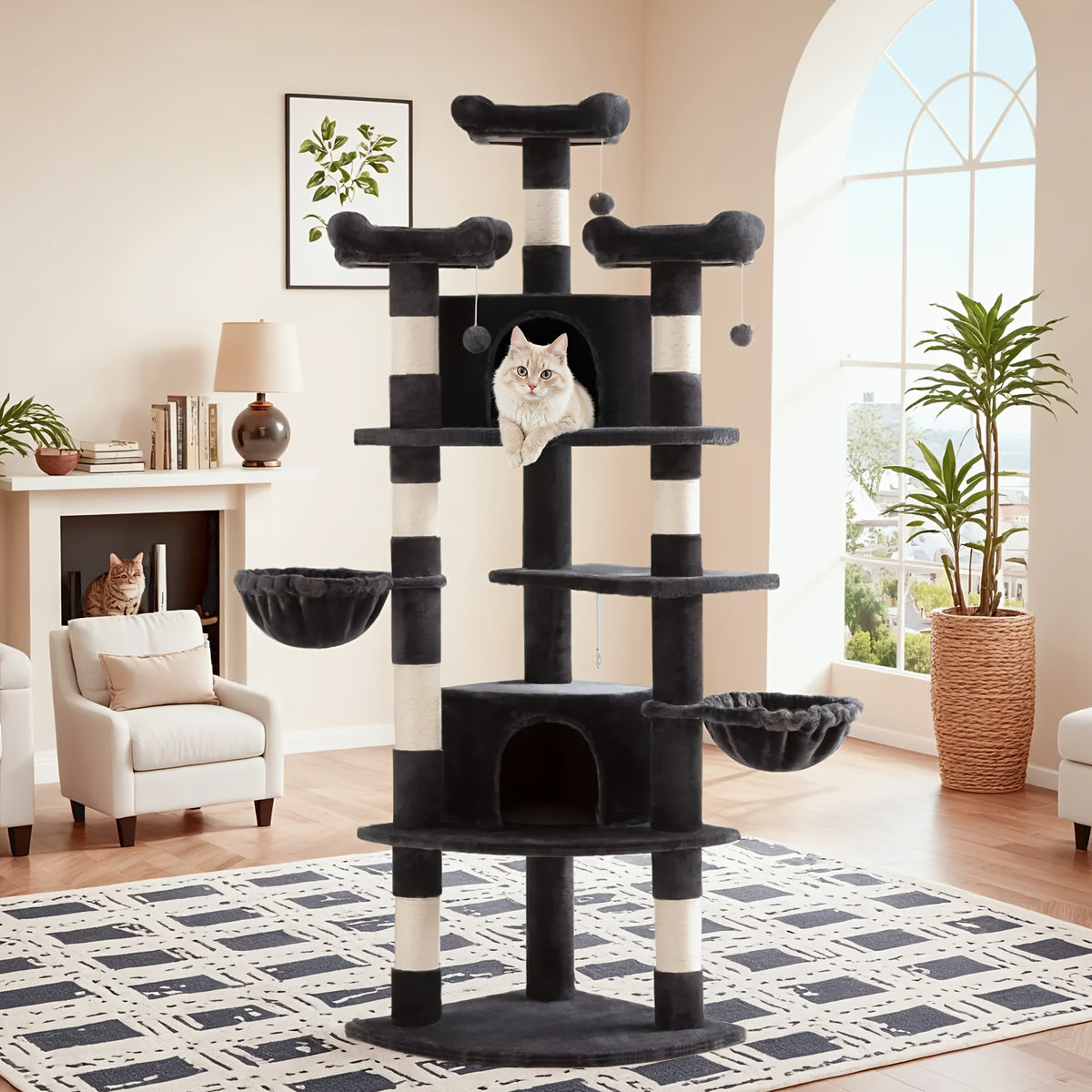 Cat Tree 73 Inch Fan-Shaped Tower for Indoor Cats with Plush Perches, Sisal Scratching Posts, Hammock and Baskets for Climbing and Rest