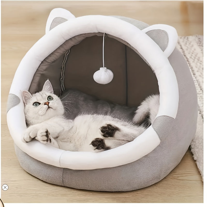 Cartoon Cat Cave Bed and Sleeping House, Cozy Indoor Kitty Hideaway for Curling Up and Resting, Large 16.34 x 16.34 x 13.78 Inches